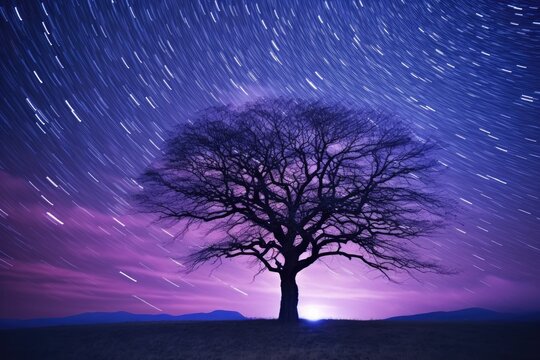 Time Lapse Of A Tree In Front Of A Purple Starry Sky