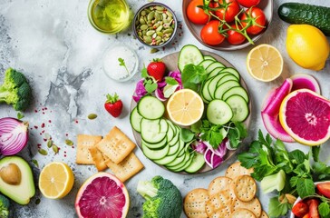 a healthy snack with vegetables, lemon, avocado and crackers