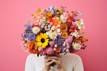 Woman with flowers, a girl hiding behind a bunch of flowers