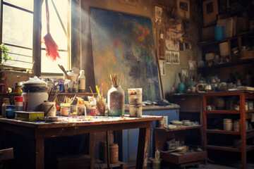 Artistic equipment in a artist studio. Artist canvas on wooden easel and paint brushes. - obrazy, fototapety, plakaty