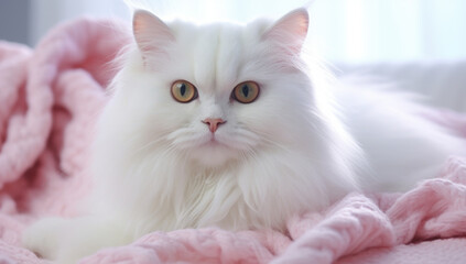 A white and orange cat lays on a little girl's bed facing camera.