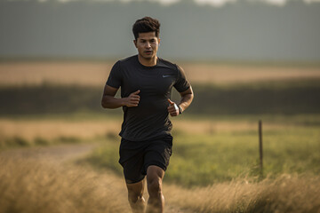 indian professional runner jogging across a field, in the style of stylish, black and gray, sigma 105mm f/1.4 dg hsm art, utilizes, composed, installation-based, subtle


