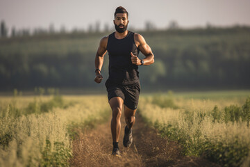 indian professional runner jogging across a field, in the style of stylish, black and gray, sigma 105mm f/1.4 dg hsm art, utilizes, composed, installation-based, subtle


 - obrazy, fototapety, plakaty