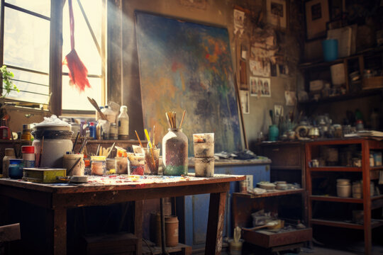 Artistic equipment in a artist studio. Artist canvas on wooden easel and paint brushes.