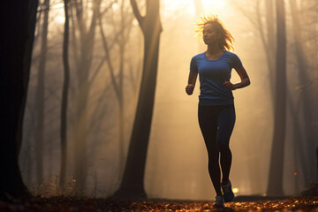 beautiful woman jogging in the forest, in the style of photorealistic detail, backlight, light navy and bronze