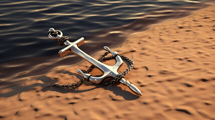Realistic shiny steel 3d anchor with beige rope cart
