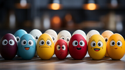 Colorful eggs with faces express various emotions, lined up on a wooden surface