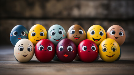 Colorful eggs with faces express various emotions, lined up on a wooden surface