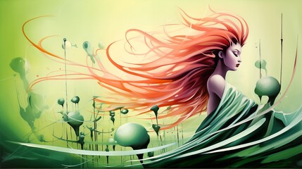 Digital illustration of a woman with hair blowing in the wind in  green colour background. Ai generative.

