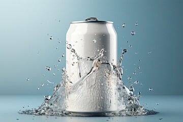 Silver Soda Can with Dynamic Water Splash - obrazy, fototapety, plakaty