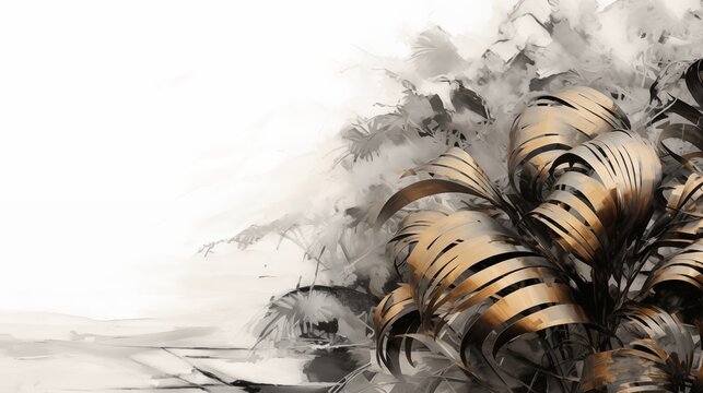 Painting illustration of abstract fractal for creative designs like feathers in beige and grey color on white background. AI generative.
