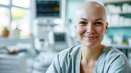 smiling bald middle-aged woman in doctor's office, oncology treatment, copy space - obrazy, fototapety, plakaty