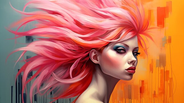 Fashion art portrait of young beautiful woman with pink hairand paint splashes. Grunge style background. Ai generative.
