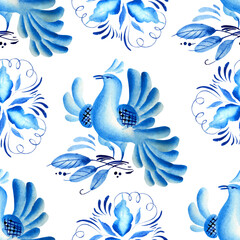 Fototapeta na wymiar Blue flowers on a light background. Watercolor seamless pattern. Bright ornament. Fabric, paper, background, wrapping paper, textile