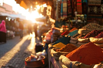 Step into the Vibrant Tapestry of Marrakech's Bustling Market at Sunset, Where Colors Dance and the Essence of Moroccan Culture Envelops You.