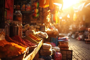 Step into the Vibrant Tapestry of Marrakech's Bustling Market at Sunset, Where Colors Dance and the Essence of Moroccan Culture Envelops You. - obrazy, fototapety, plakaty
