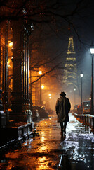 A lone figure walks in the rain, streetlights casting a golden glow on the wet pavement.
