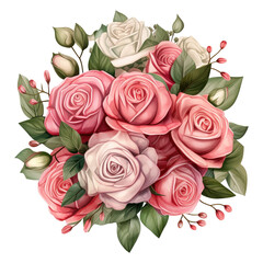 Bouquet of Pink Roses with Green Leaves. AI Generated Image