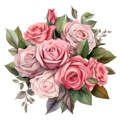 Bouquet of Pink Roses with Green Leaves. AI Generated Image