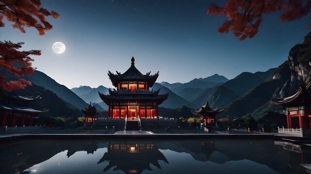chinese temple at night with  beautiful moon view 