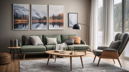 Luxurious green living room interior design, stylish modern contemporary livingroom.