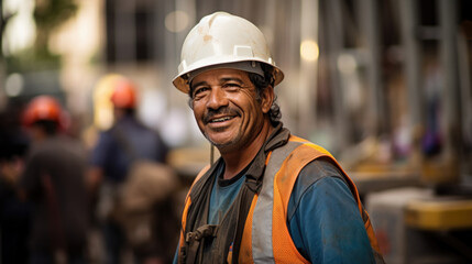 Portrait of Smiling Professional Heavy Industry Engineer / Worker Wearing Safety Uniform and Hard Hat.