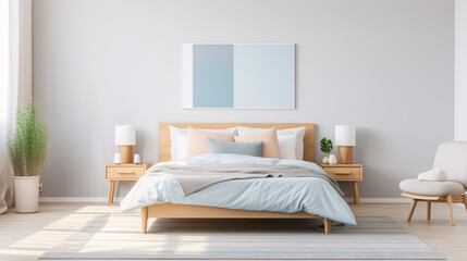 Fototapeta na wymiar Stylish cosy blue and white neutral colour bedroom interior design modern and minimal style.