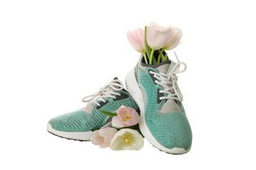 PNG, sneakers with sports accessories and flowers, isolated on white background.