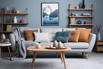 Foto op Plexiglas Cosy blue living room interior design, stylish modern livingroom. © Sunday Cat Studio