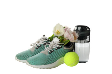 PNG, sneakers with sports accessories and flowers, isolated on white background.