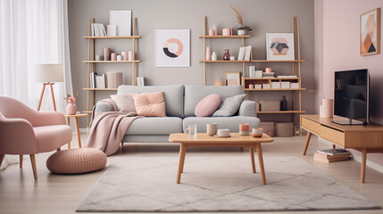 Feminine living room interior design in pink and grey, stylish modern nordic livingroom.