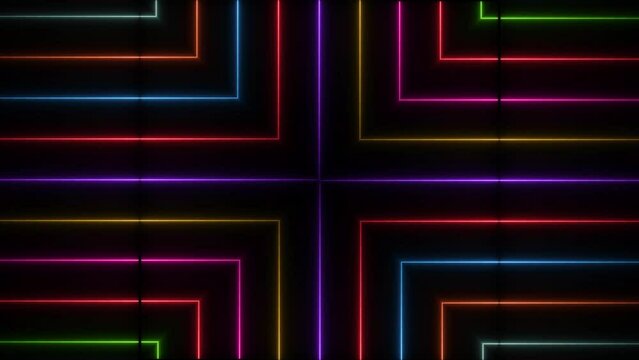 Abstract directional neon pattern lines colorful animation. Black background 4k video.
