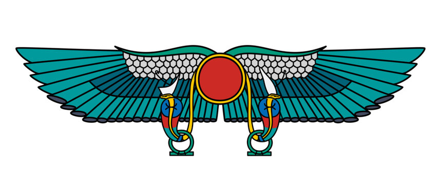 Winged Sun of Thebes. Solar symbol of divinity, royalty and power in Ancient Egypt, a winged sun disc flanked on either side with an uraeus, a rearing cobra. Probably ancient representation of Nibiru.