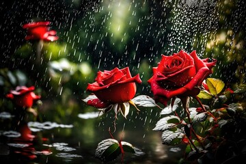 A rain-drenched red rose in a garden, surrounded by lush foliage, enhanced by the play of sunlight 