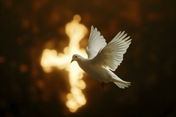 A white dove in flight against the backdrop of a radiant cross