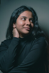 photography of a multiracial woman portrait, multiple different poses, high quality image in a different theme , woman photos, happy, experience, emotion, beautiful pictures,