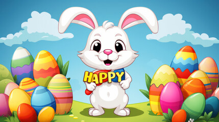 A cartoon bunny holding a sign among Easter eggs