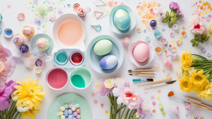 Flat lay of Easter decorations and crafts including dyeing eggs