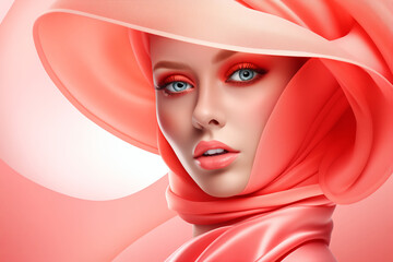 Coral Grace - Fashion Portrait with Swirling Fabrics