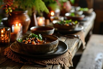 Fototapeta premium Majestic Table Set with a Rustic Place Setting, Featuring Bowls of Hearty Black Eye Peas Stew - Culinary Comfort in a Stylish and Inviting Ambiance