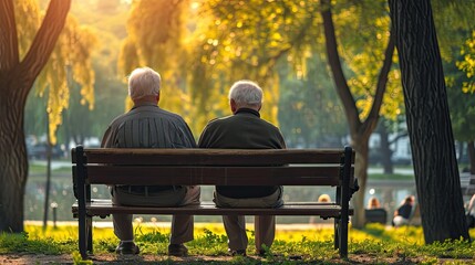 Two Elderly Men Enjoying Peaceful Autumn Morning on Park Bench.