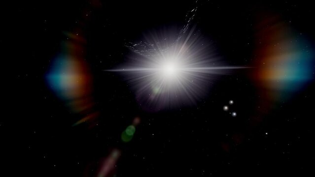 Our Sun with asteroid Apophis and lens flare slowly moving in outer space.