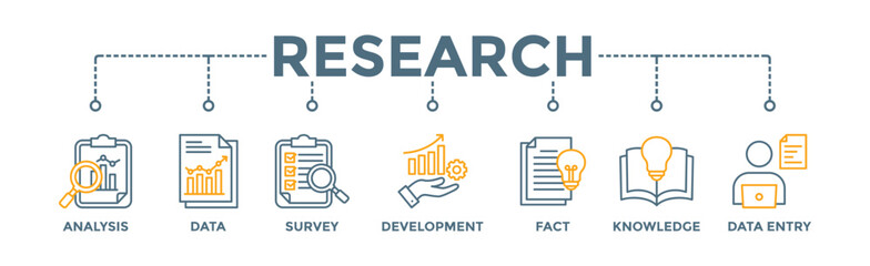 Research banner web icon vector illustration concept with icon of analysis, data, survey, development, fact, knowledge and data entry