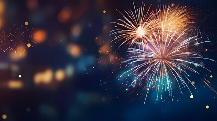 Fototapeta premium Happy New Year, burning fireworks with bokeh light background