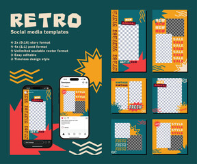 retro or vintage groovy social media post and story 
sale promotion templates set