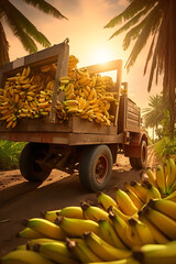 Cargo truck carrying banana fruit in a plantation with sunset. Concept of food production, transportation, cargo and shipping.