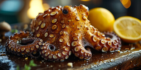 Charred grilled octopus garnished with lemon on a wooden board, looking succulent, AI generated - obrazy, fototapety, plakaty