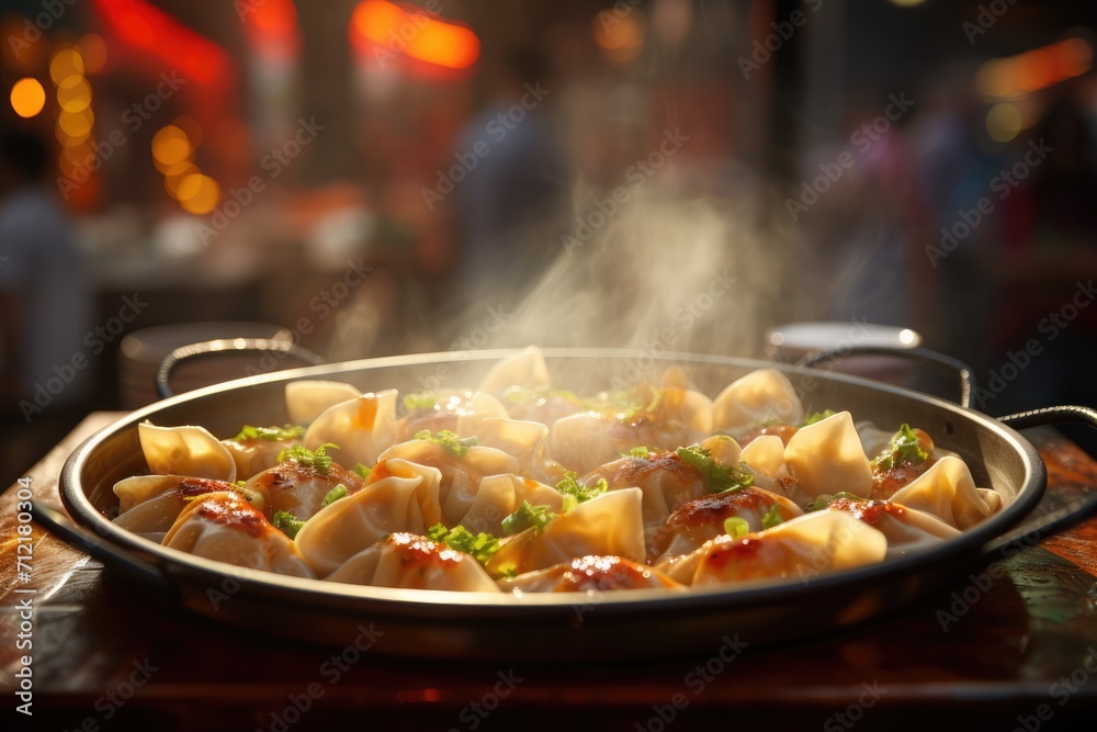 Wall mural Street Food Symphony: Steaming Hot Dumplings Take Center Stage on a Platter, Against the Vibrant Backdrop of Shanghai's Bustling Streets - A Culinary Adventure in Every Bite.

 - Wall murals