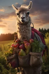 Zelfklevend Fotobehang Pack llama carrying vegetables in a field with sunset. Concept of food transportation, logistics and cargo. © linda_vostrovska