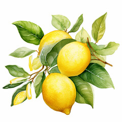 Lemon branch with lemons. Hand drawn watercolor illustration.